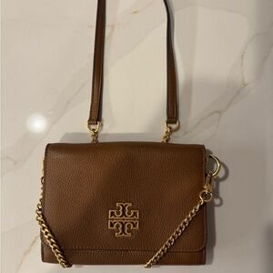 Tory Burch Tan Brown Leather Crossbody Bag with Gold Chain